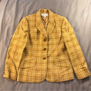 Jones New York Lambs Wool Blazer Size 12 Camel Tan Plaid Academia Career Office